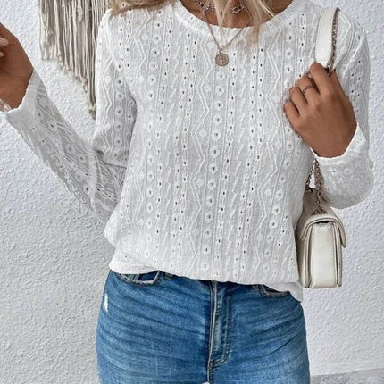 Eyelet Round Neck Long Sleeve Blouse - MimiStylez