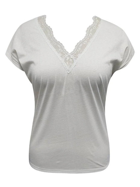 Full Size Lace Detail V-Neck Short Sleeve Blouse - MimiStylez