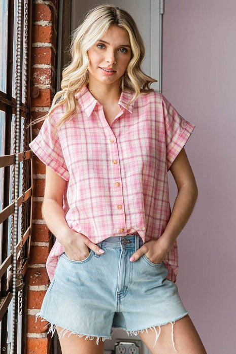Cotton Bleu by Nu Lab Plaid Collared Neck Short Sleeve Shirt - MimiStylez