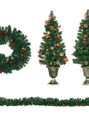 Prelit Christmas 4-Piece Set, Garland Wreath And Set Of 2 Entrance Trees With Warm White LED Lights, Red Berries, Pine Cones, Green
