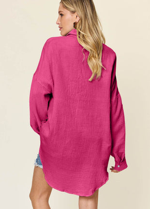 Double Take Full Size Pocketed Texture Button Up Shirt - MimiStylez