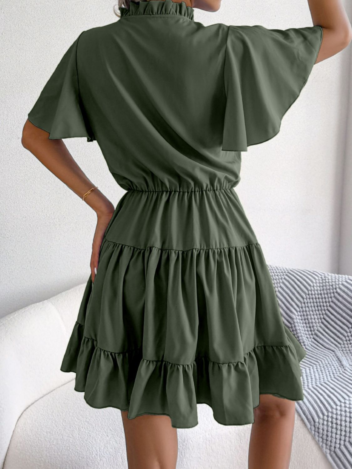 Tie Neck Tiered Flutter Sleeve Mini Dress