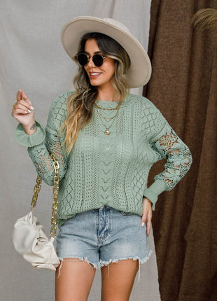 Eyelet Crochet Lantern Sleeve Sweater - MimiStylez