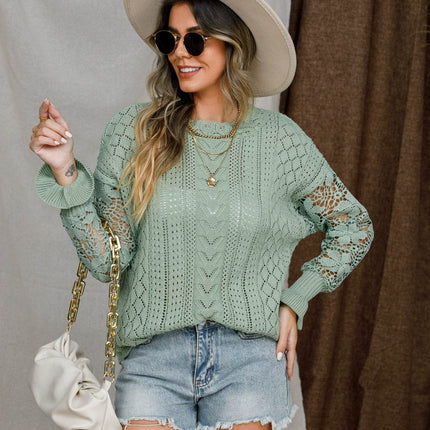 Eyelet Crochet Lantern Sleeve Sweater - MimiStylez