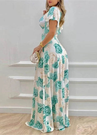 Plus Size Floral Print V-Neck Maxi Dress with Flutter Sleeves - MimiStylez