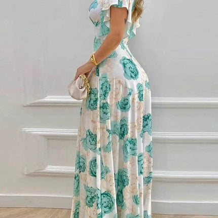 Plus Size Floral Print V-Neck Maxi Dress with Flutter Sleeves - MimiStylez