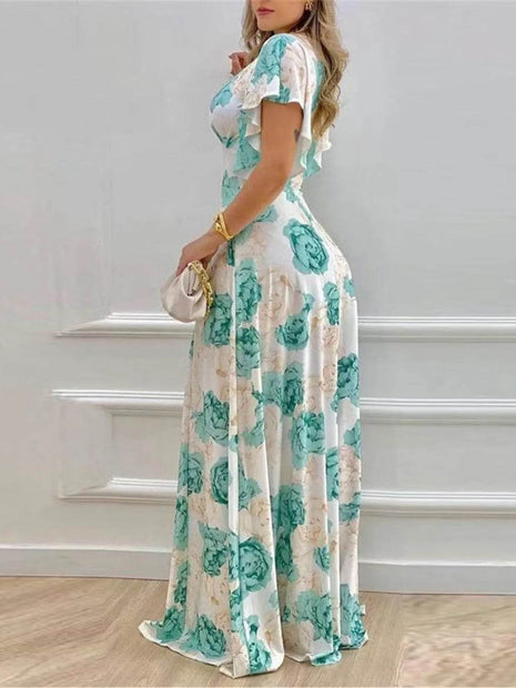 Plus Size Floral Print V-Neck Maxi Dress with Flutter Sleeves - MimiStylez