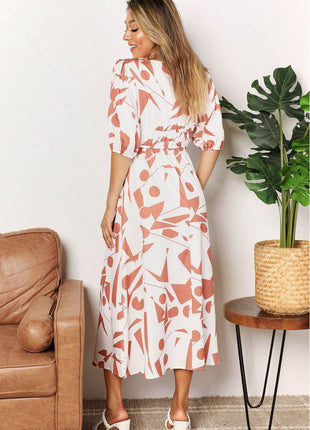 Printed Surplice Balloon Sleeve Dress - MimiStylez
