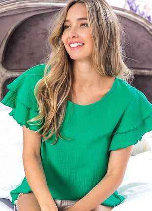 BiBi Ruffle Sleeve Wrinkled Cotton Gauze Top - MimiStylez