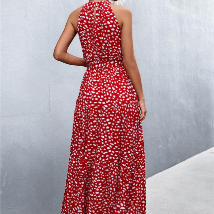 Printed Sleeveless Tie Waist Maxi Dress - MimiStylez