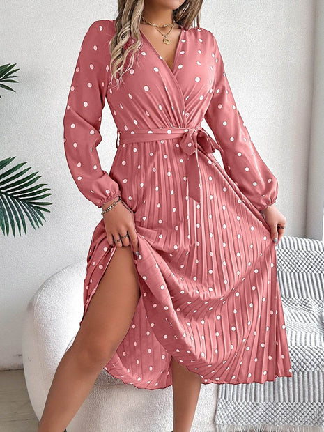 Tied Polka Dot Long Sleeve Midi Dress - MimiStylez