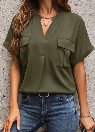 Pocketed Notched Short Sleeve Blouse - MimiStylez