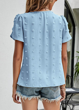 Swiss Dot Round Neck Petal Sleeve Top - MimiStylez