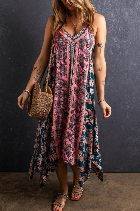 Printed V-Neck Midi Cami Dress - MimiStylez