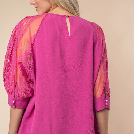 White Birch Round Neck Lace Half Sleeve Blouse - MimiStylez