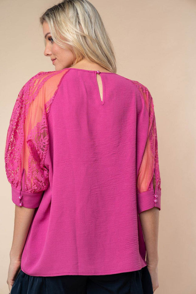 White Birch Round Neck Lace Half Sleeve Blouse - MimiStylez