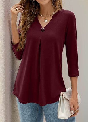 Notched Three-Quarter Sleeve T-Shirt - MimiStylez