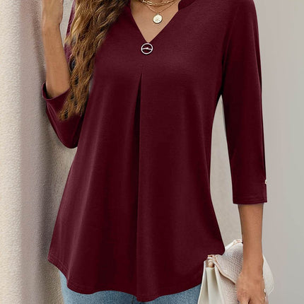 Notched Three-Quarter Sleeve T-Shirt - MimiStylez