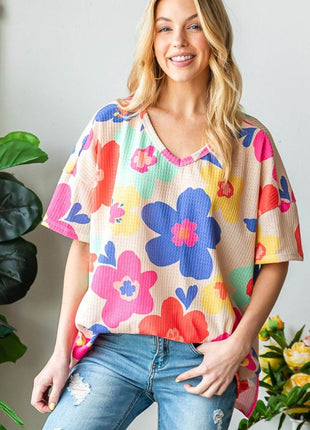 HOPELY Full Size Floral V-Neck Side Slit T-Shirt - MimiStylez