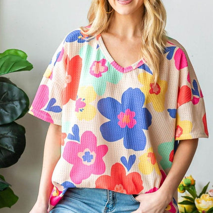 HOPELY Full Size Floral V-Neck Side Slit T-Shirt - MimiStylez