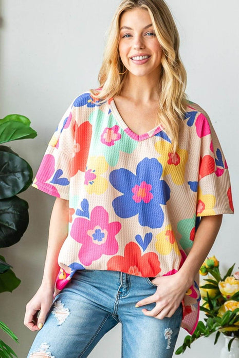 HOPELY Full Size Floral V-Neck Side Slit T-Shirt - MimiStylez