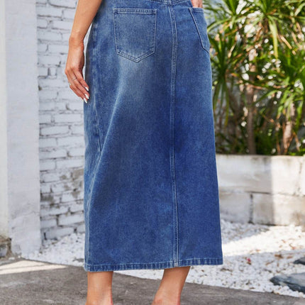 Slit Midi Denim Skirt with Pockets - MimiStylez