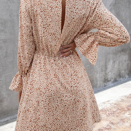 Decorative Button V-Neck Flounce Sleeve Dress - MimiStylez