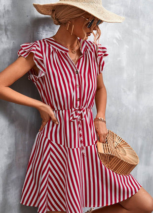 Ruffled Striped Cap Sleeve Mini Dress - MimiStylez