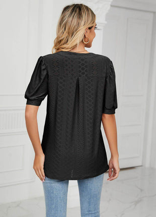 Eyelet Short Puff Sleeve Notched Neck Top - MimiStylez