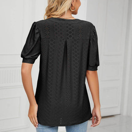 Eyelet Short Puff Sleeve Notched Neck Top - MimiStylez