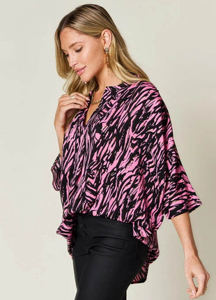 Double Take Full Size Printed Notched Three-Quarter Sleeve Blouse - MimiStylez