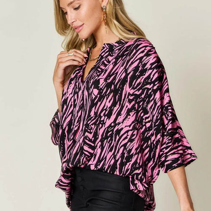 Double Take Full Size Printed Notched Three-Quarter Sleeve Blouse - MimiStylez