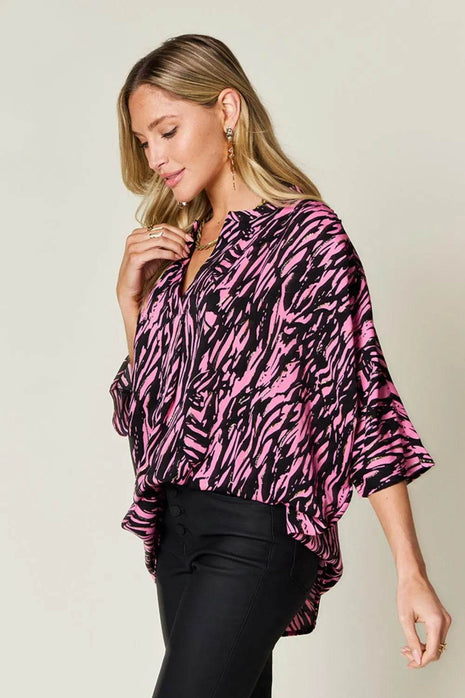Double Take Full Size Printed Notched Three-Quarter Sleeve Blouse - MimiStylez