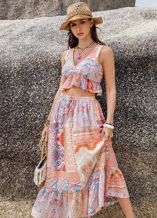 Printed V-Neck Top and Midi Skirt Set - MimiStylez