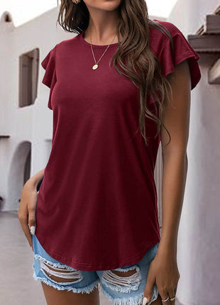 Ruffled Round Neck Cap Sleeve Blouse - MimiStylez