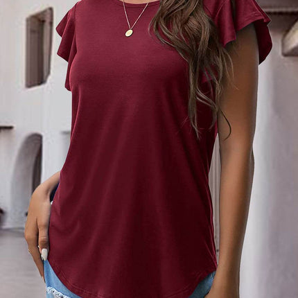 Ruffled Round Neck Cap Sleeve Blouse - MimiStylez