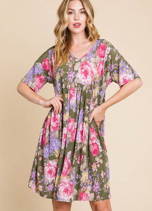 BOMBOM Flower Print V-Neck Ruched Dress - MimiStylez