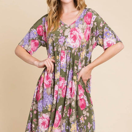 BOMBOM Flower Print V-Neck Ruched Dress - MimiStylez