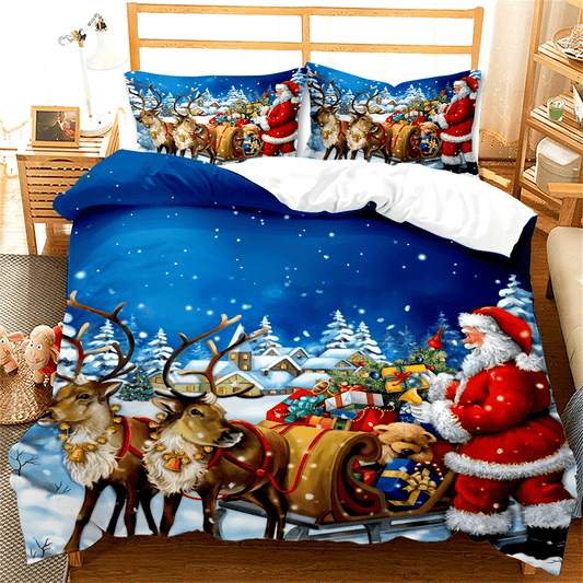 3pcs Merry Christmas Comforter Set (1*Comforter + 2*Pillowcase, Without Core), Santa Claus Reindeer Print Bedding Set For Boys And Girls, Soft Comfortable And Skin-friendly Comforter For Bedroom, Guest Room