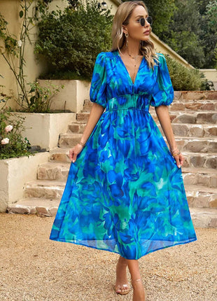 Printed Puff Sleeve Midi Dress - MimiStylez