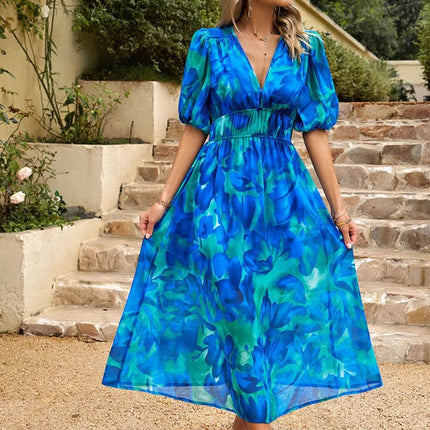 Printed Puff Sleeve Midi Dress - MimiStylez