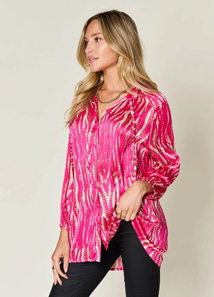 Double Take Full Size Printed Button Up Long Sleeve Shirt - MimiStylez