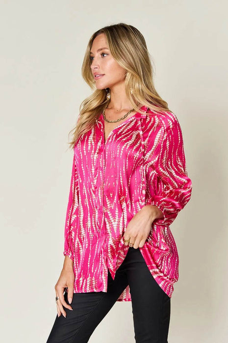 Double Take Full Size Printed Button Up Long Sleeve Shirt - MimiStylez