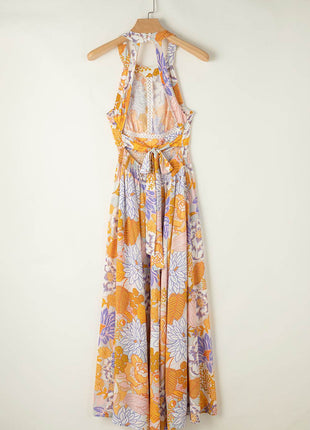 Tied Printed Grecian Sleeveless Maxi Dress - MimiStylez