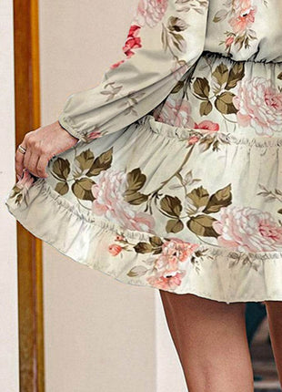 Printed Tie Neck Long Sleeve Dress - MimiStylez