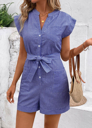 Striped Notched Tie Waist Romper - MimiStylez