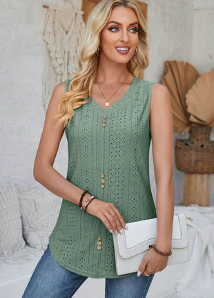 Eyelet Decorative Button V-Neck Tank - MimiStylez