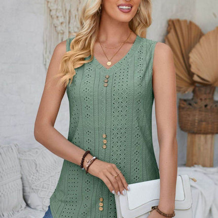 Eyelet Decorative Button V-Neck Tank - MimiStylez
