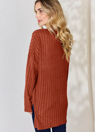 Basic Bae Full Size Ribbed Half Button Long Sleeve High-Low T-Shirt - MimiStylez