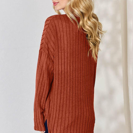 Basic Bae Full Size Ribbed Half Button Long Sleeve High-Low T-Shirt - MimiStylez